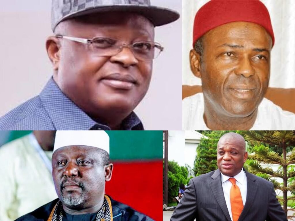 Governor David Umahi of Ebonyi state, ex-governor Rochas Okorocha of Imo state, ex-governor Orji Uzo Kalu, and Dr Ogbonna Onu