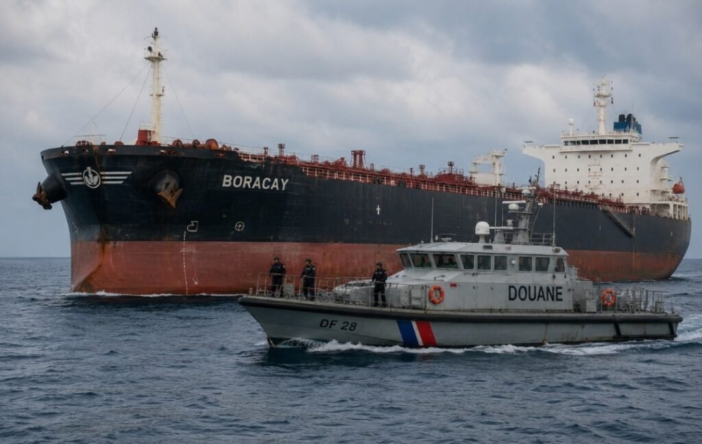 An oil tanker at sea amid international scrutiny over sanctions enforcement and Russia related energy shipments.