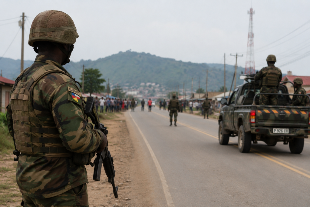 Security personnel monitoring an area affected by militant activity in Africa amid concerns about regional stability and governance.