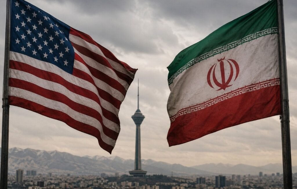 Symbolic representation of diplomatic tensions between the United States and Iran amid efforts to maintain peace in the Middle East.