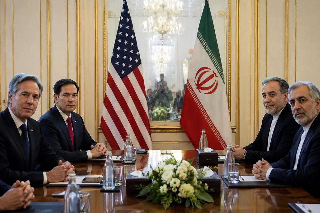 Flags of the United States and Iran displayed during diplomatic negotiations
