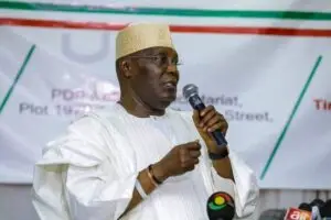Atiku Abubakar speaking during a political event in Nigeria