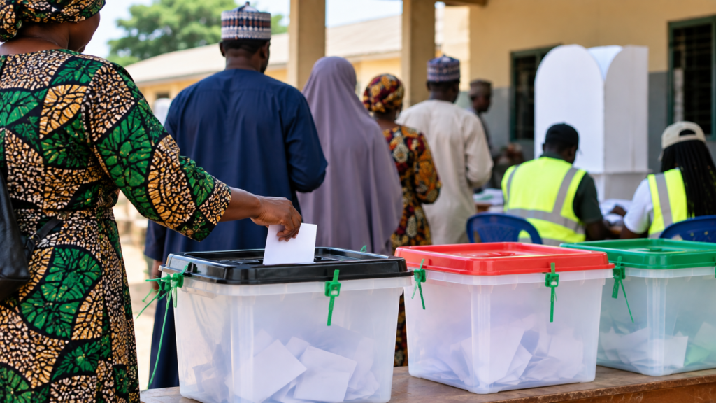 Political election process in Nigeria with ballot boxes and voters at a polling station
