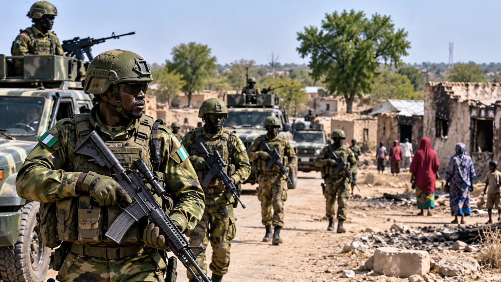 Nigerian military patrol in an insurgency-affected area, representing questions about security after reported ISWAP casualties
