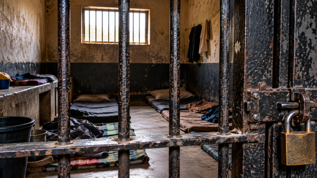 Empty overcrowded detention cell with barred windows and locked metal gates, illustrating poor custodial conditions in the NSCDC miners’ deaths case in Niger State.