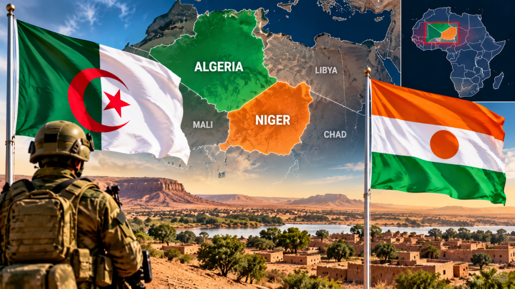 Algerian and Nigerien flags representing reported troop deployment plans and regional security concerns in the Sahel