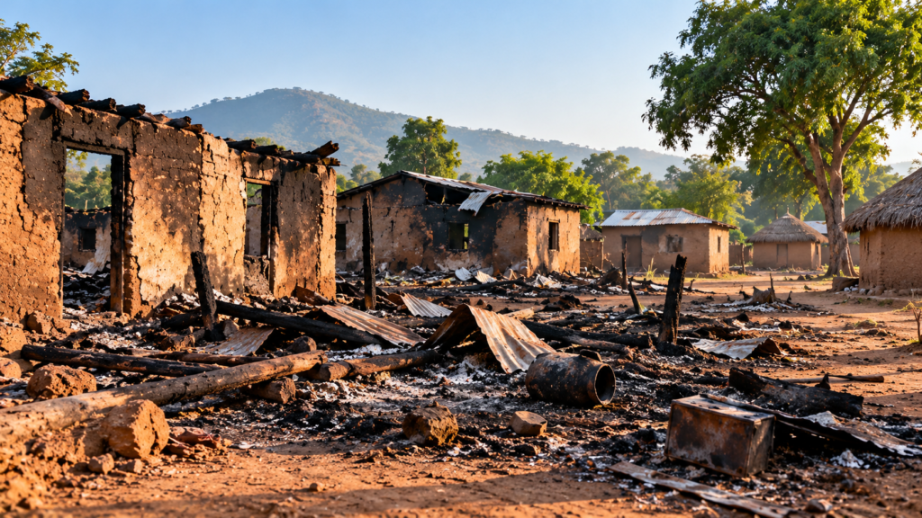 Memorial candles and a damaged community scene representing the deadly Binnari attack in Taraba State and questions over the death toll
