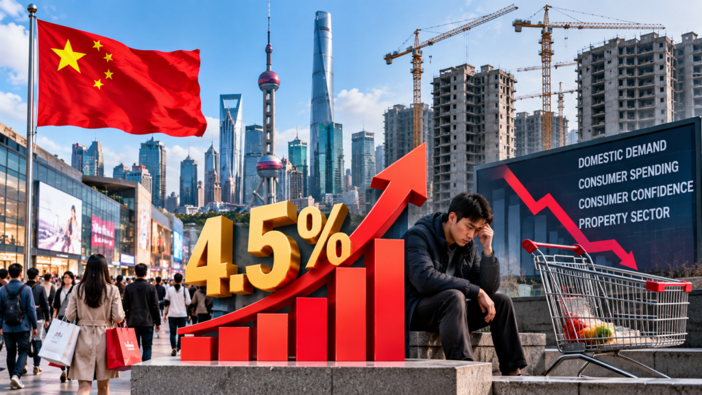 Chinese shopping district representing economic growth alongside concerns about domestic demand and consumer spending