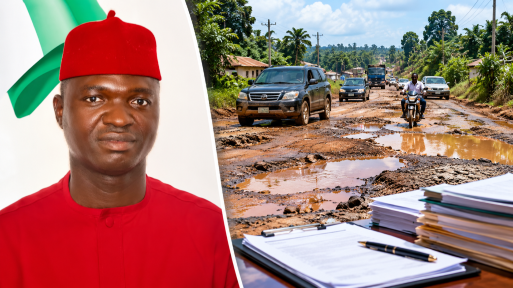 Road construction in Ebonyi State representing the government’s claim of completing 627 kilometres of roads