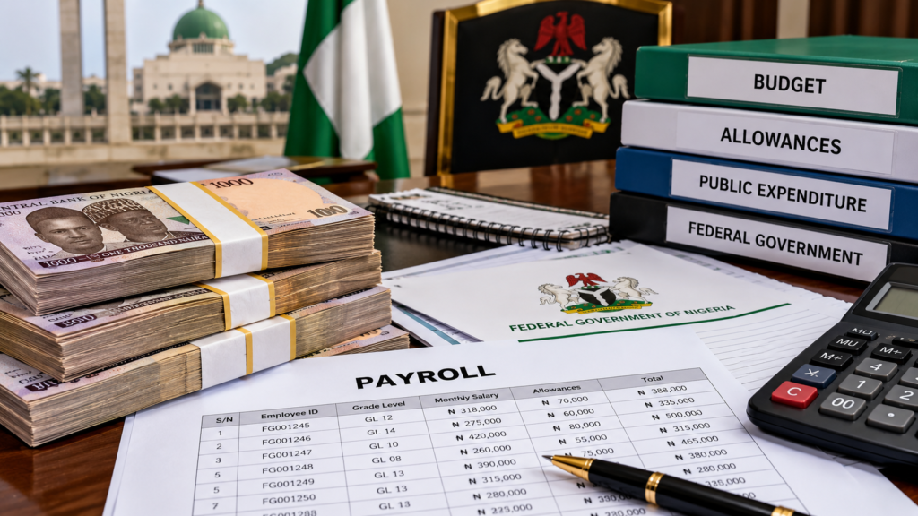 Federal workers’ allowance represented by Nigerian naira notes, payroll documents and government budget papers