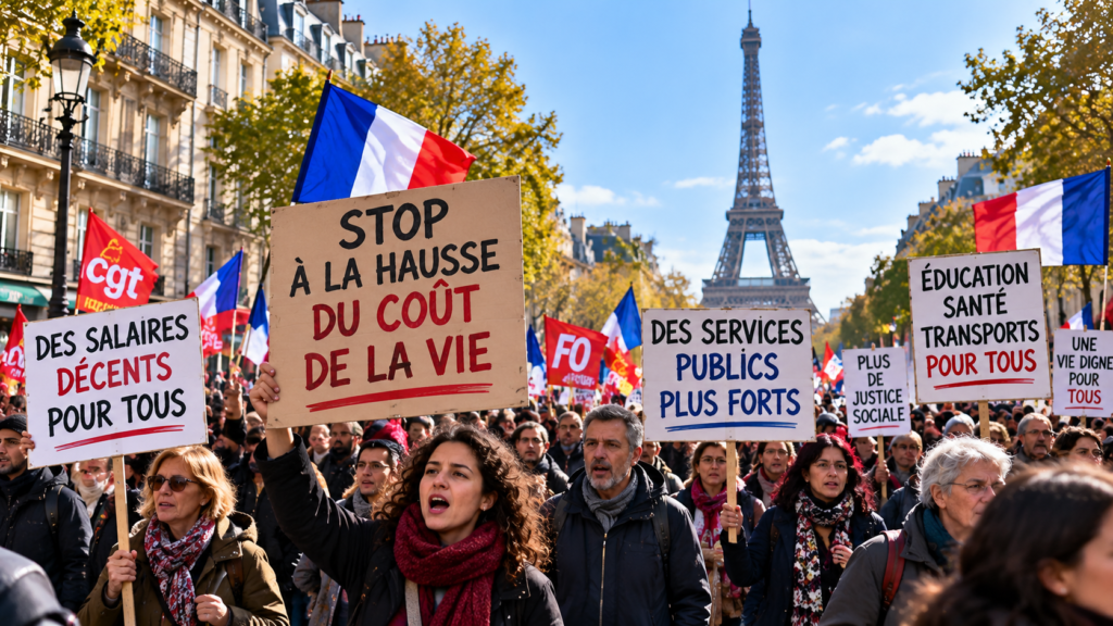 Street protest in France representing public concerns about living costs and public services