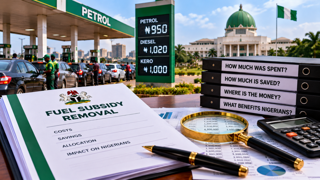 Petrol station and financial documents representing fuel subsidy removal, government savings and public accountability in Nigeria