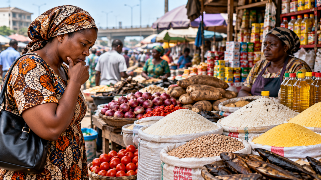 Nigerian market with food items representing rising prices and poverty concerns highlighted by the IMF