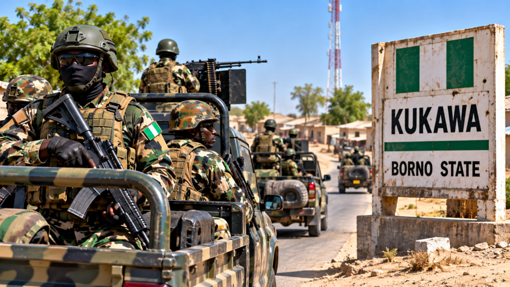 Nigerian military patrol vehicles in Borno State amid renewed security concerns after the Kukawa attack
