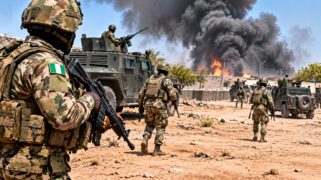 Nigerian military personnel and armoured vehicles during security operations in Borno State