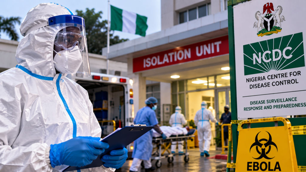Healthcare worker in protective equipment outside a hospital corridor representing Nigeria’s Ebola diagnosis and outbreak preparedness