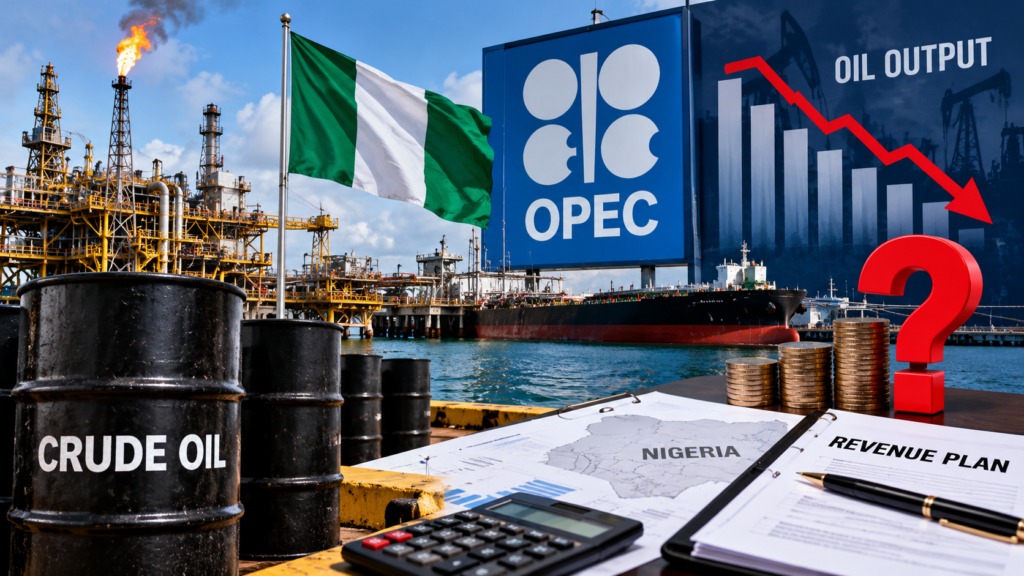 Nigerian oil production infrastructure representing OPEC quota compliance, falling oil output and questions about revenue planning
