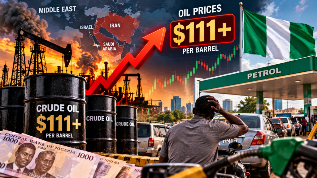 Crude oil barrels and oil market charts representing rising global prices and possible effects on fuel costs in Nigeria