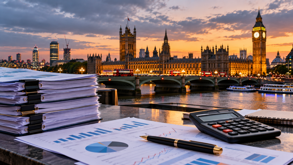 Financial documents, calculator and rising city skyline representing UK government debt and inflation pressures