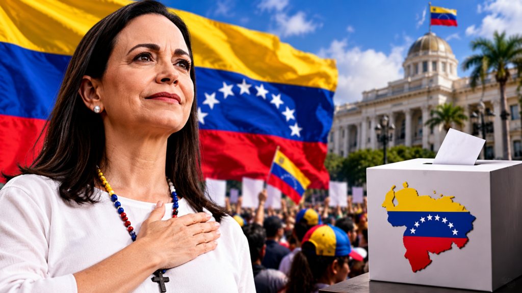 Venezuelan flag and ballot box representing María Corina Machado’s return and demands for credible presidential elections